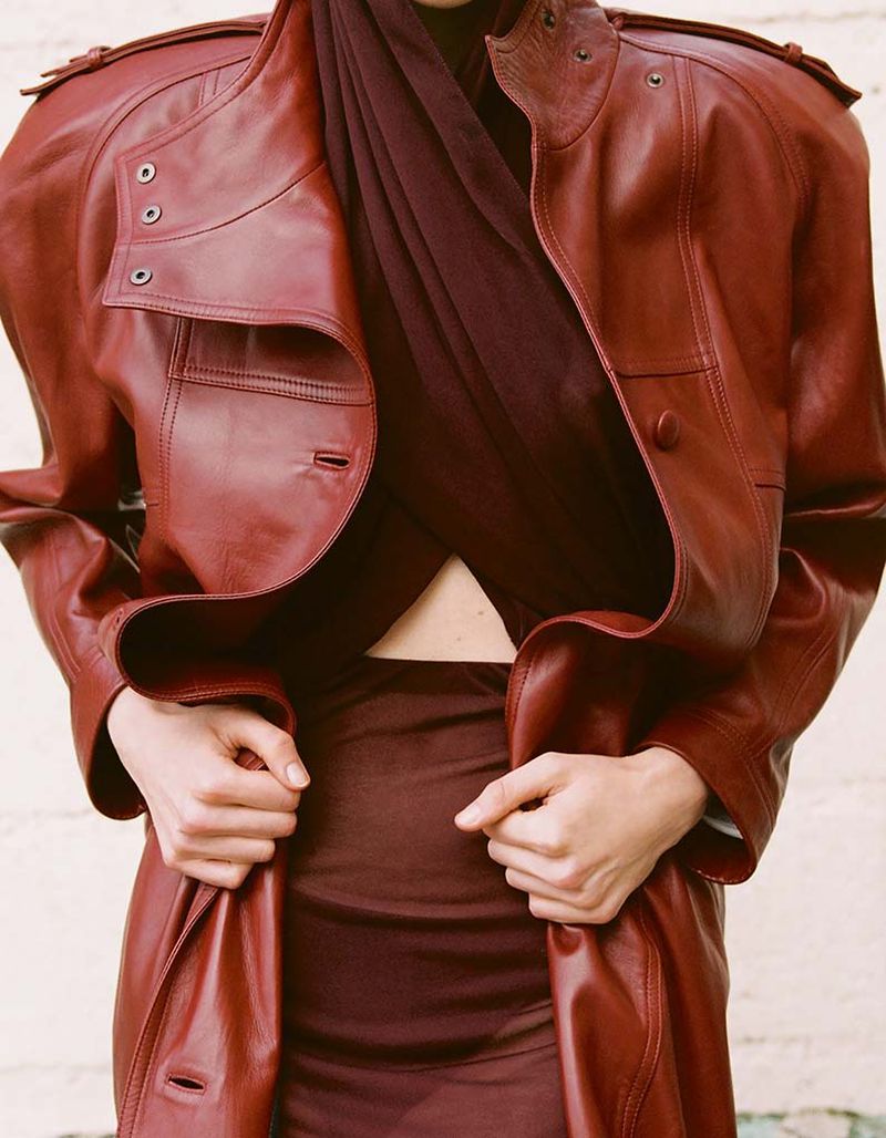Agnese Furlanis in Saint Laurent Red Leather Coat by Priscillia Saada for Indie Magazine Spring-Summer 2023