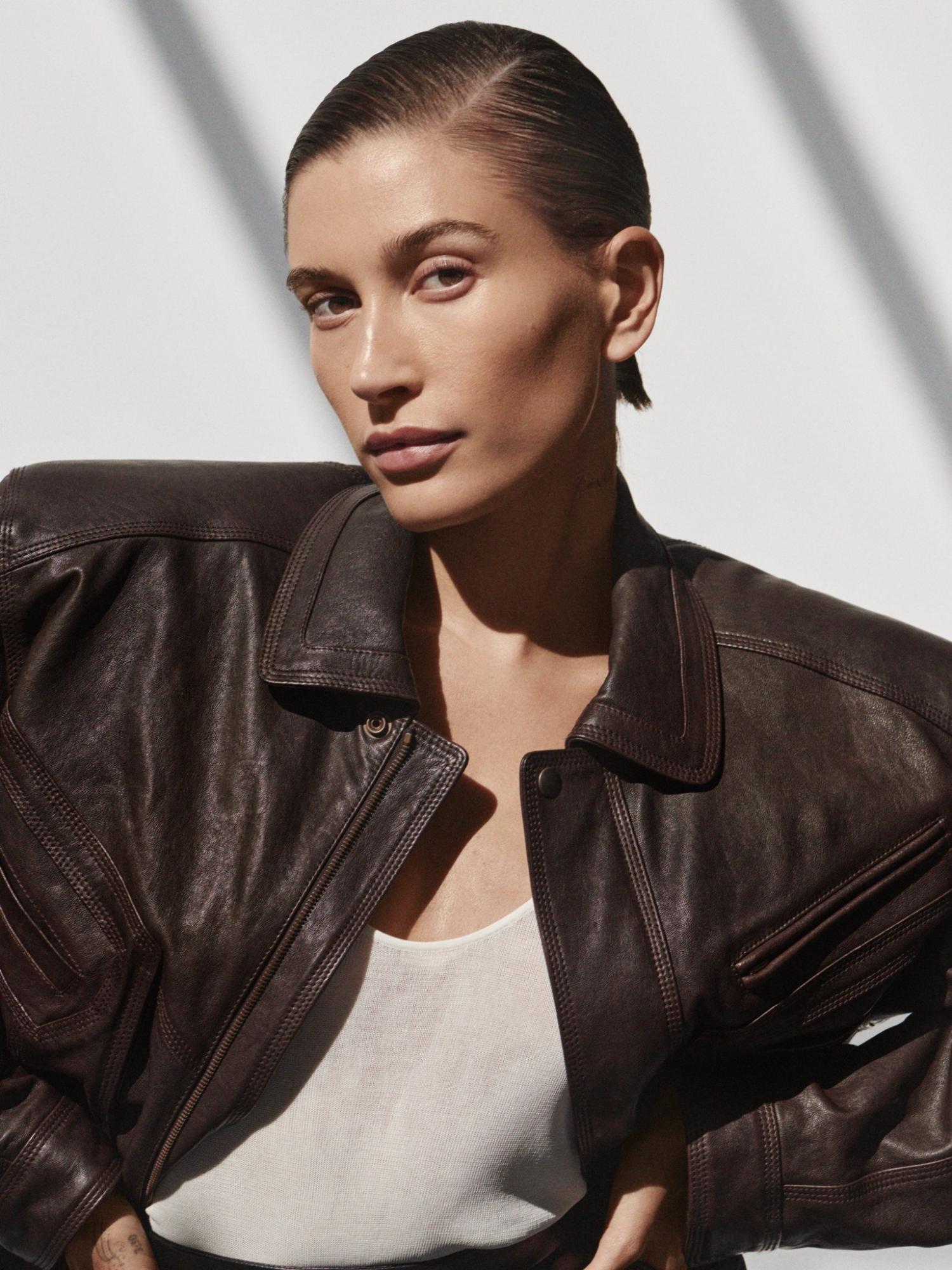 Hailey Bieber in Saint Laurent Leather Bomber Jacket by Cass Bird for The Sunday Times Style Magazine UK May 2023