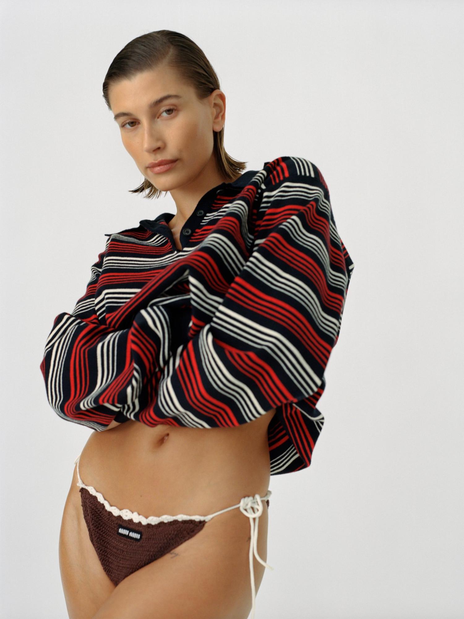 Hailey Bieber in Miu Miu by Cass Bird for The Sunday Times Style Magazine UK May 2023