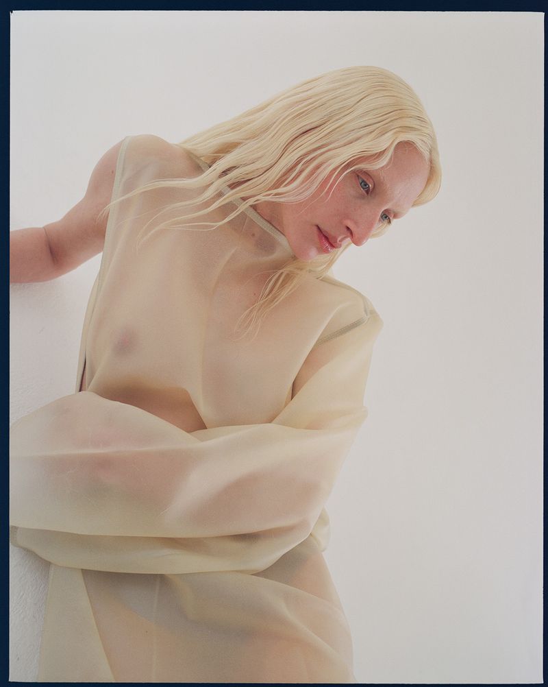Maggie Maurer in Rick Owens Beige Edfu Leather Maxi Dress by Bec Parsons for Love Want Magazine Spring-Summer 2023