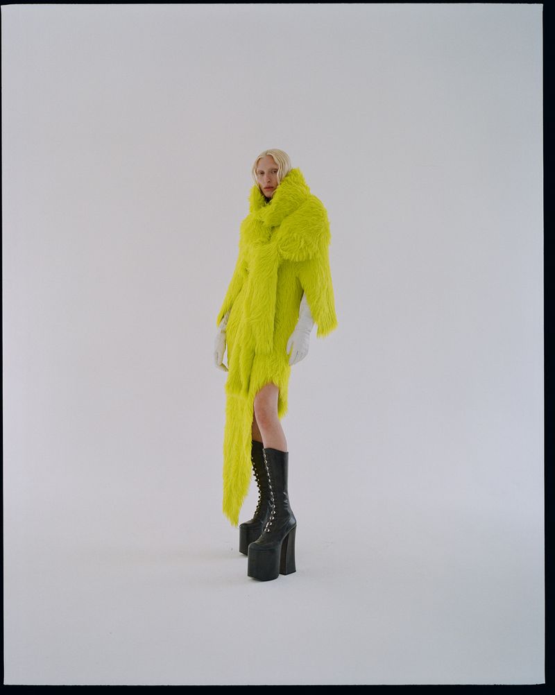 Marc Jacobs Neon Yellow Faux Fur and Black Leather Platform Boots from Spring 2023 Runway
