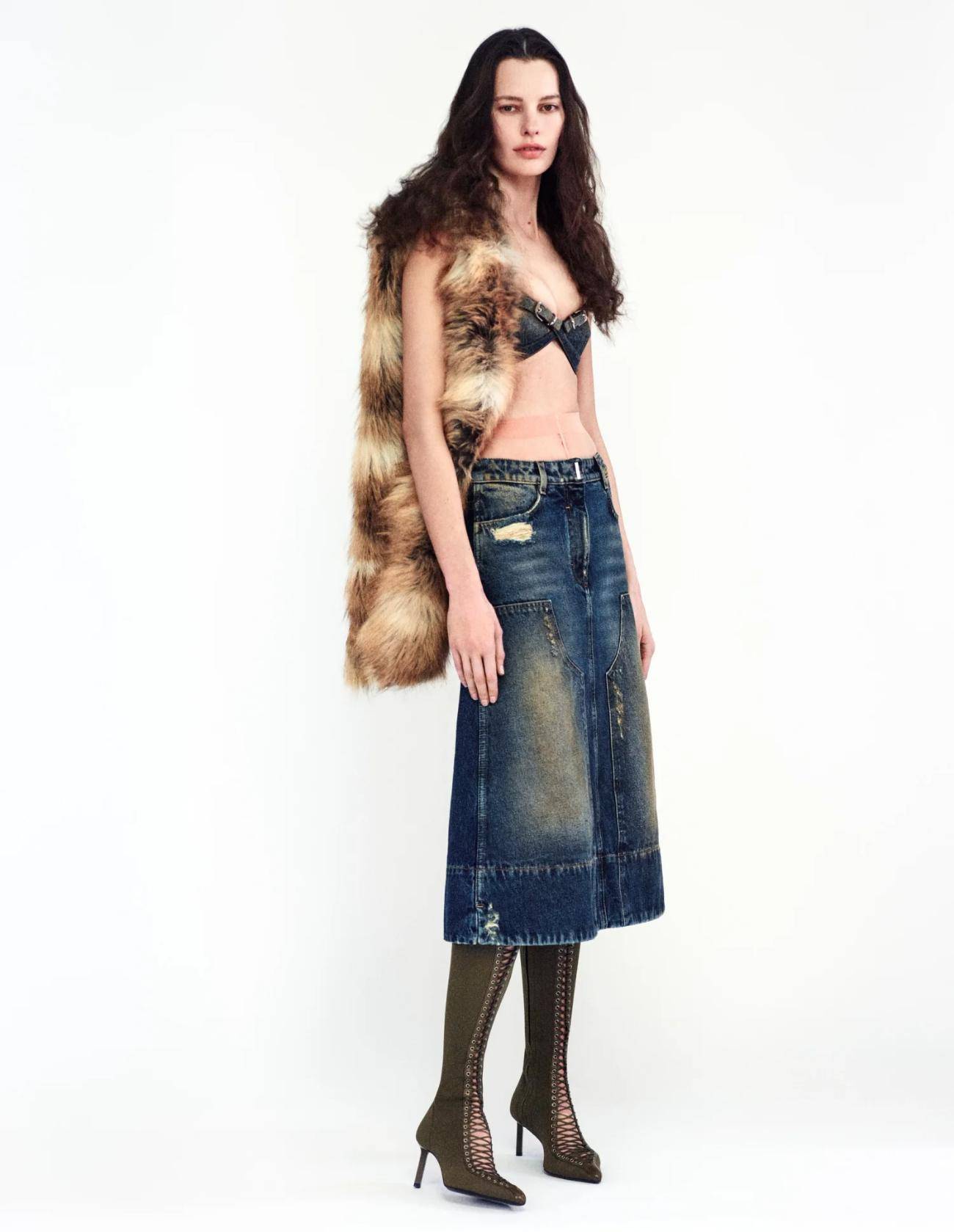 Bella Hadid Givenchy Runway Look Denim Bra and Distressed denim midi skirt 