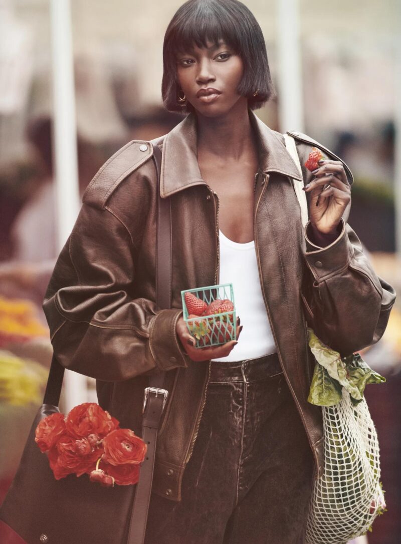 Anok Yai in Saint Laurent Leather Bomber Jacket by Dan Martensen for American Vogue August 2023