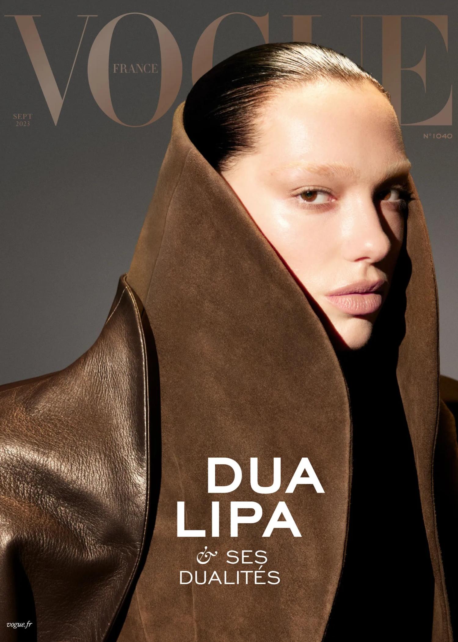 Dua Lipa Covers Vogue France September 2023 Alaia Brown Leather Suede Coat