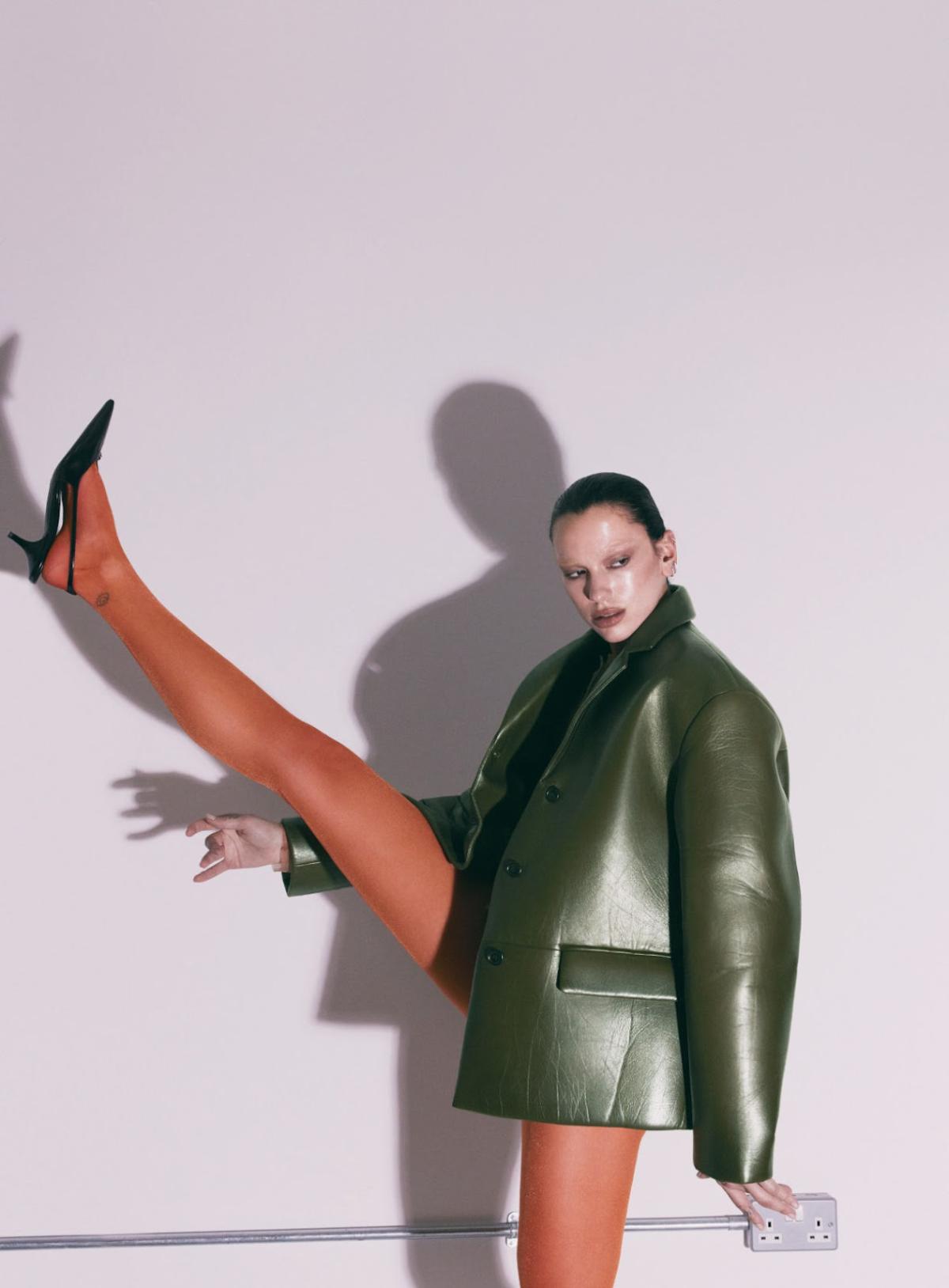 Dua Lipa in Prada Green Leather-Effect Jacket by Mert Alas for Vogue France September 2023