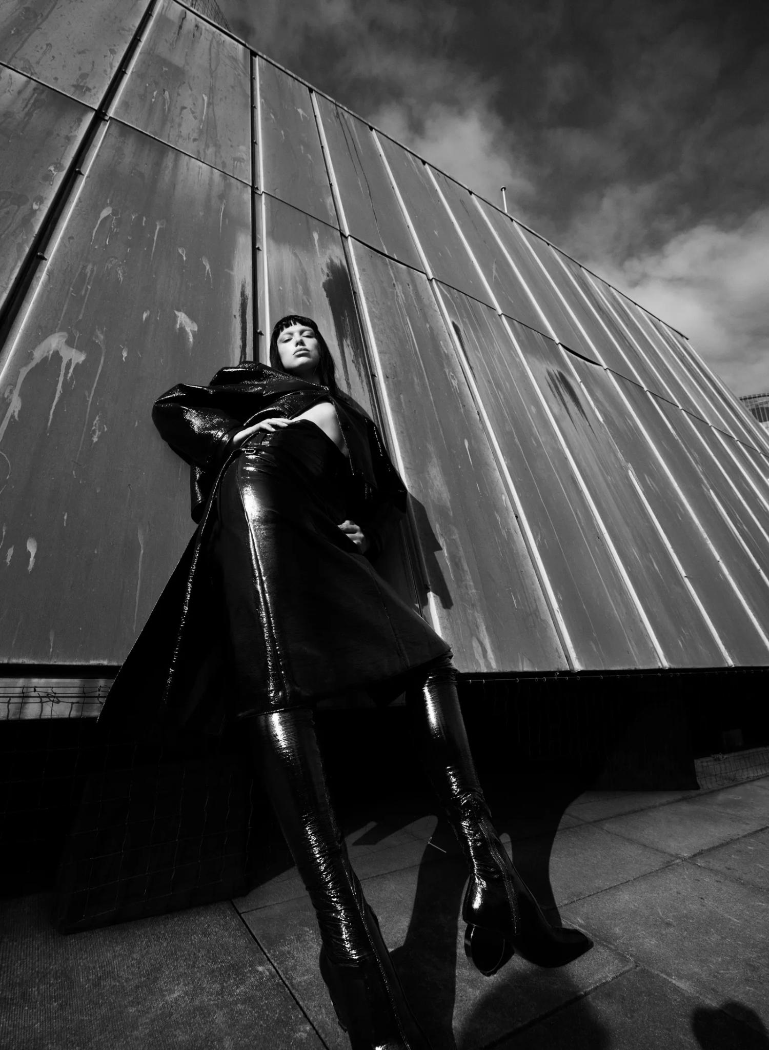 Courreges Black Strap Coat, Black One Strap Midi Skirt and boots Fashion Editorials