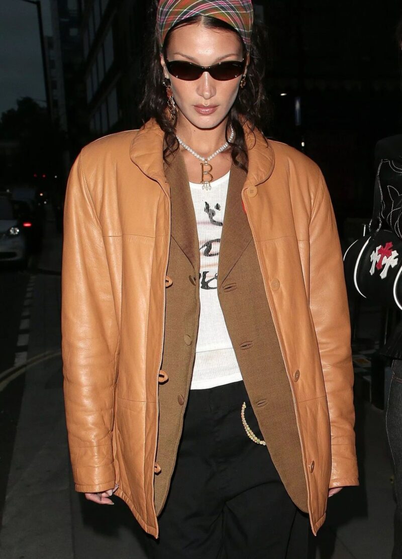 Bella Hadid in 90s Vintage Leather Jackets, Track Pants & Y2K Outfits