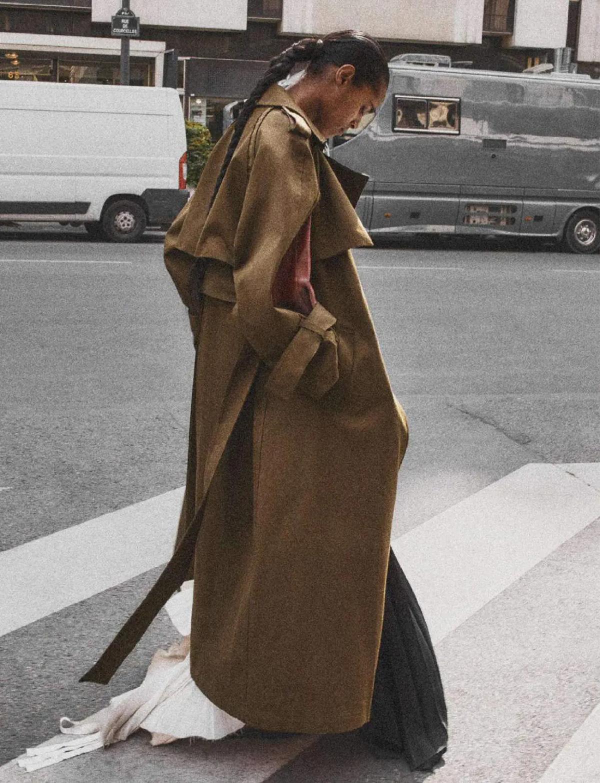 Malika Louback in Victoria Beckham Trench Coat by Chris Colls for Elle France August 2023