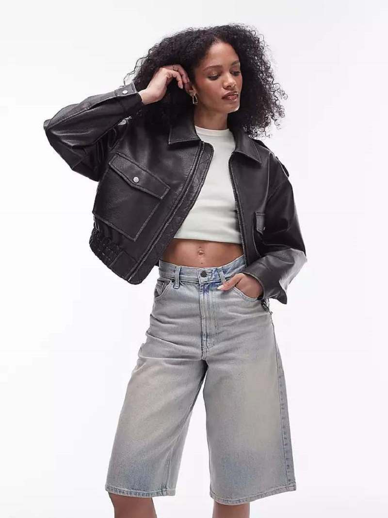 Topshop faux leather short bomber jacket in black  ASOS