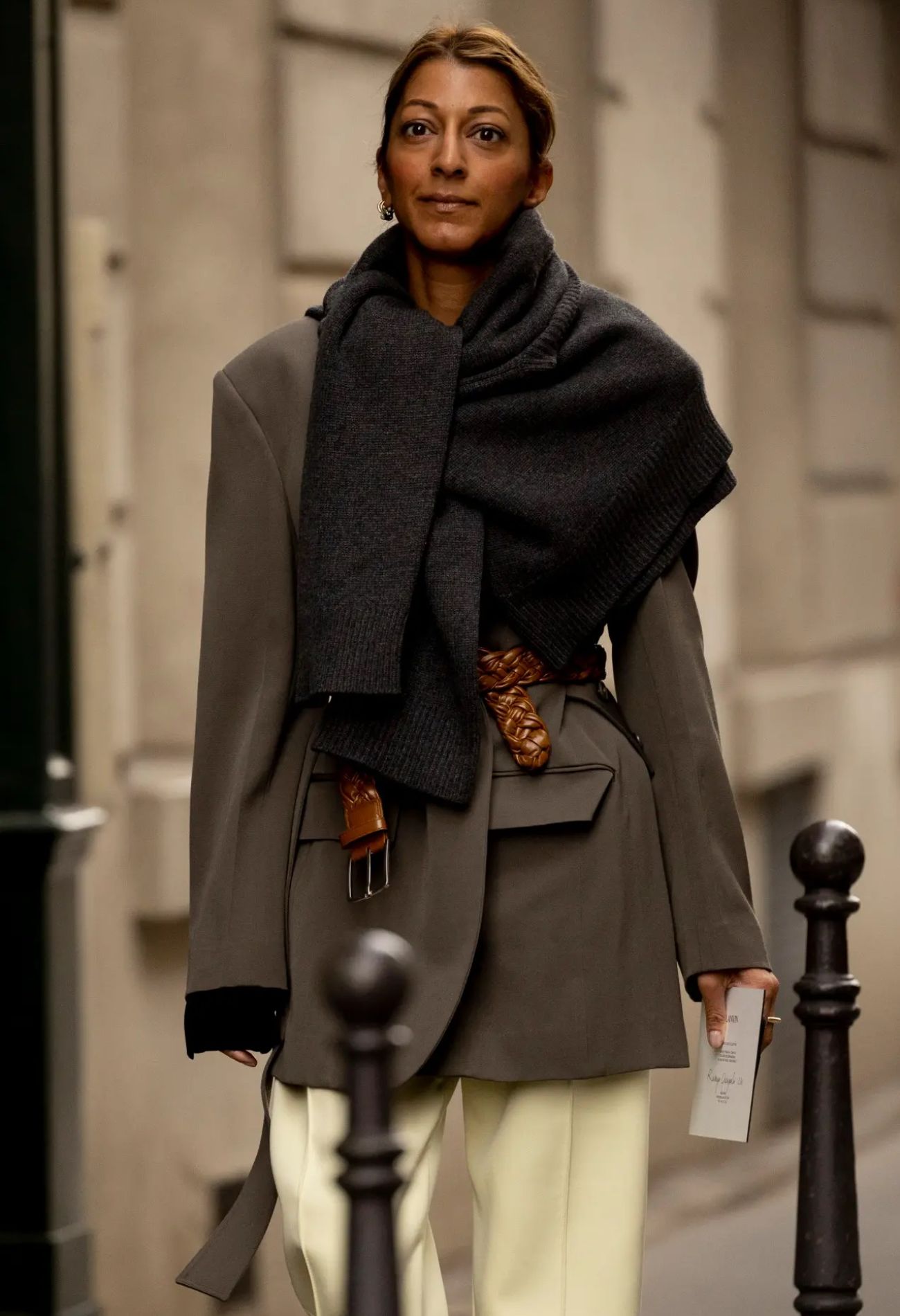 French Style Autumn Layering Sweater Over Belted Blazer Paris Fashion Week
