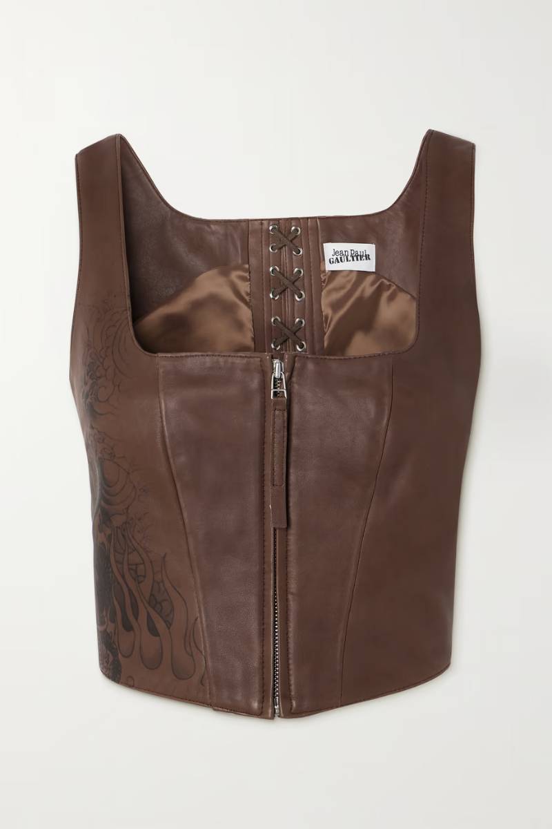JEAN PAUL GAULTIER Cropped lace-up printed leather bustier top  NET-A-PORTER