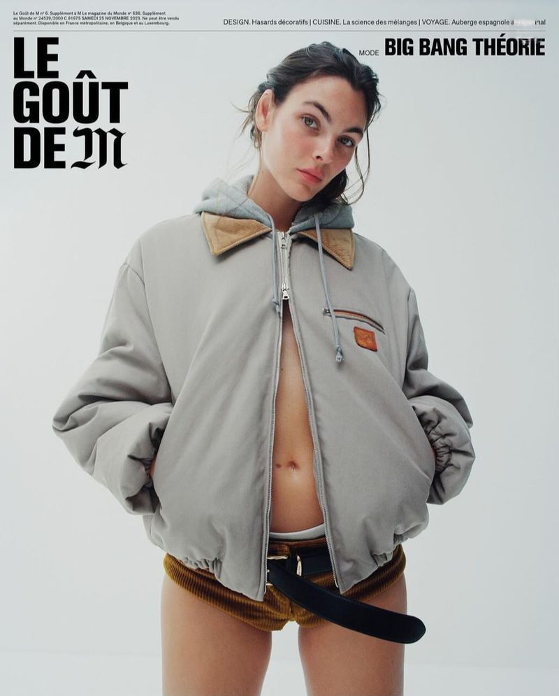 Vittoria Ceretti Covers Le Gout De M November 2023 Meryll Rogge Padded Bomber Jacket, Miu Miu Brown Velvet Shorts