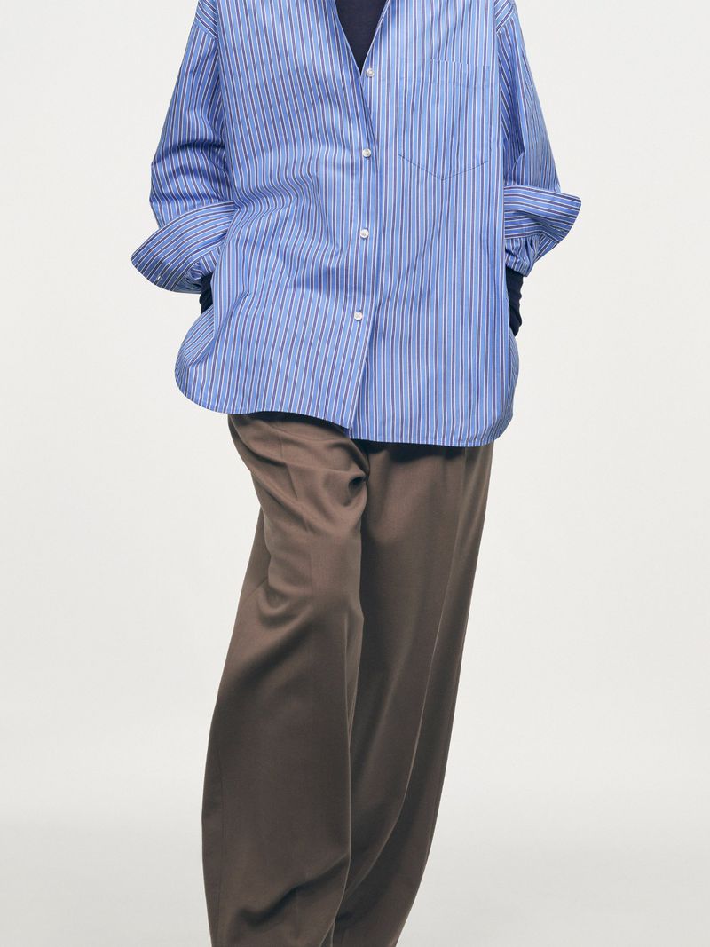 Blue Oversized Cotton Shirt, Brown Wool Blend Twill Trousers