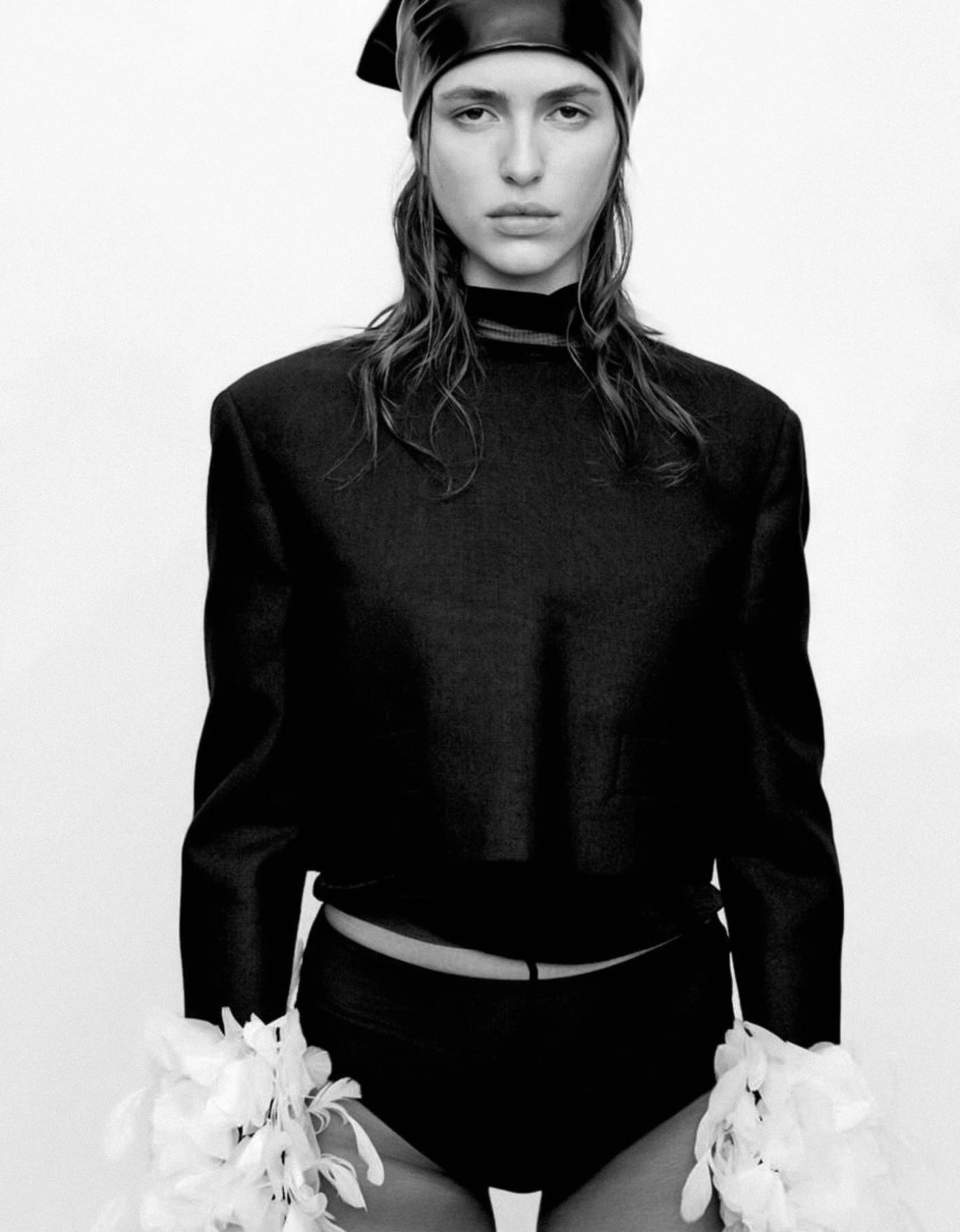 Cult of Personality Adele Aldighieri in Prada Black Feather-Trimmed Jacket for Harper's Bazaar France November 2023