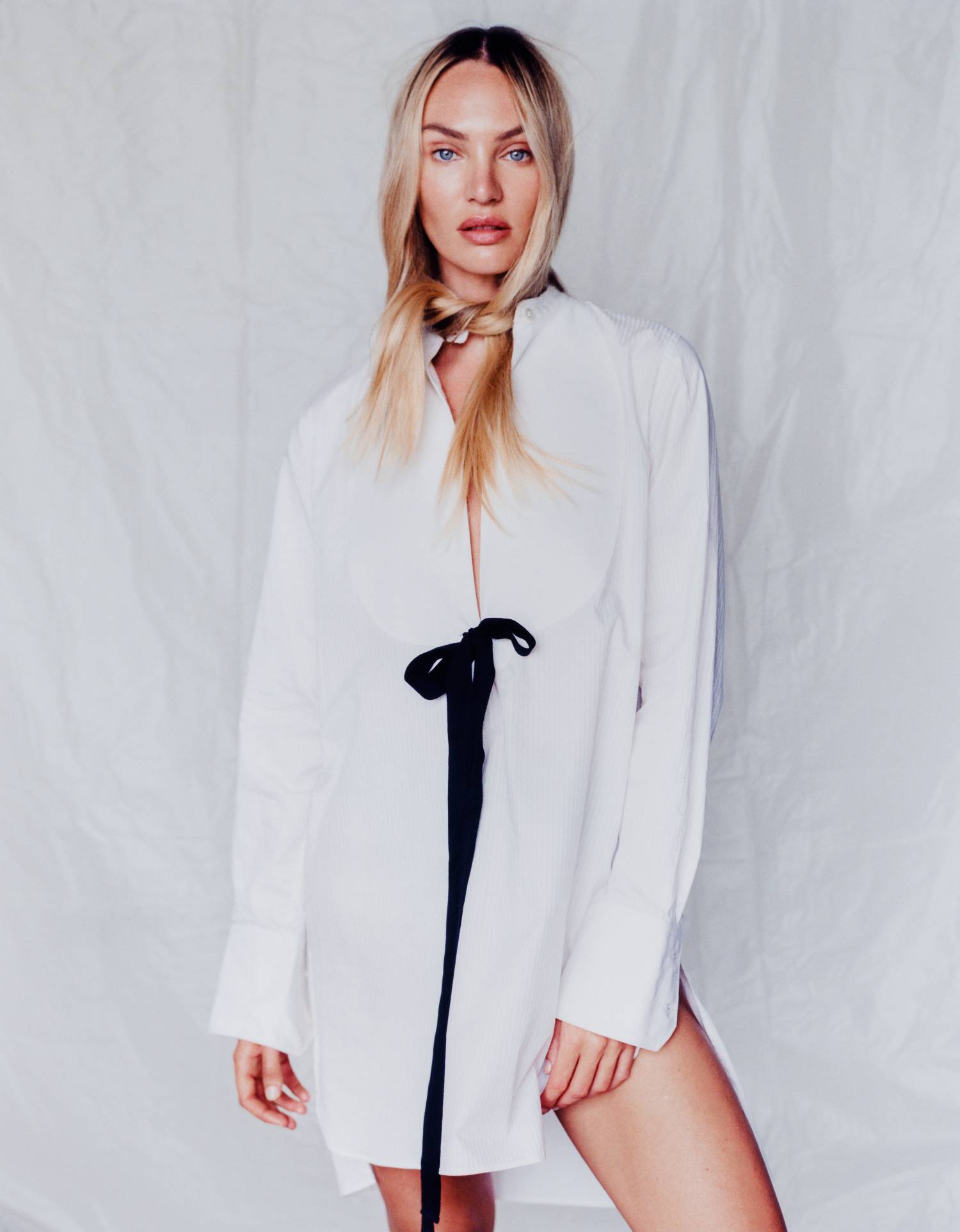 Candice Swanepoel in Plan C White Bib-Front Cotton Shirt with Bow Detail for Puss Puss Magazine Fall-Winter 2023