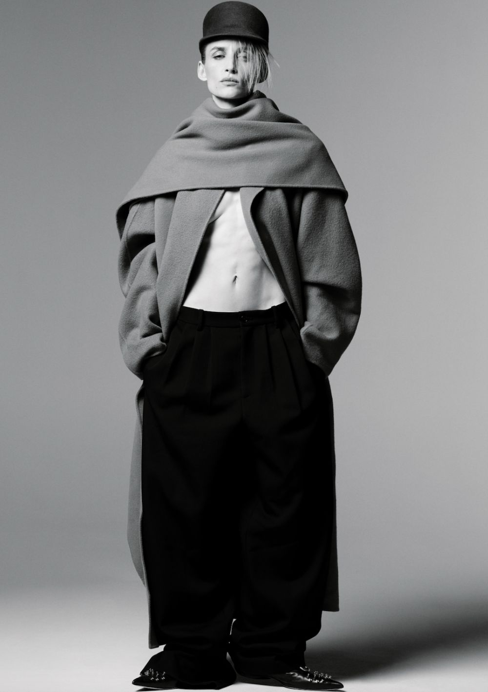 The Row Beige Notte brushed cashmere scarf coat, Black Igor pleated wide-leg trousers Fashion Editorials