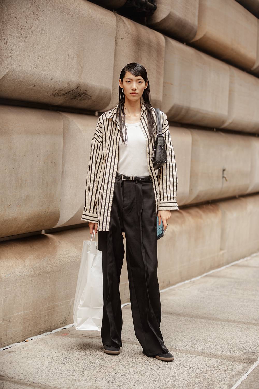 Hejia Li Oversized Striped Shirt Trousers Outfit Spring-Summer 2024 Street Style in New York