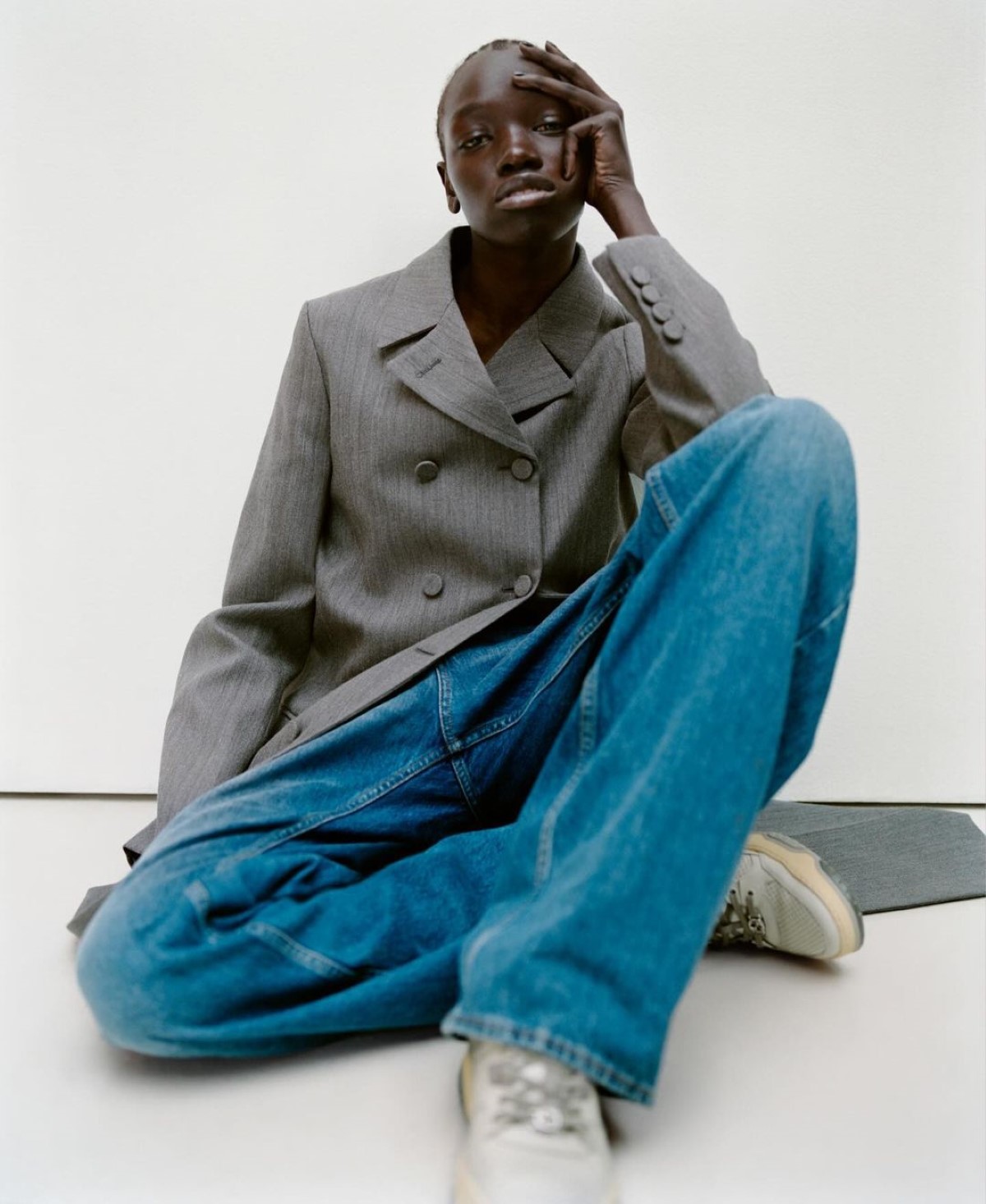 Autumn Fashion Gucci by Sabato De Sarno Grey Double-Breasted Blazer, Levi's Black Wide-Leg Jeans 