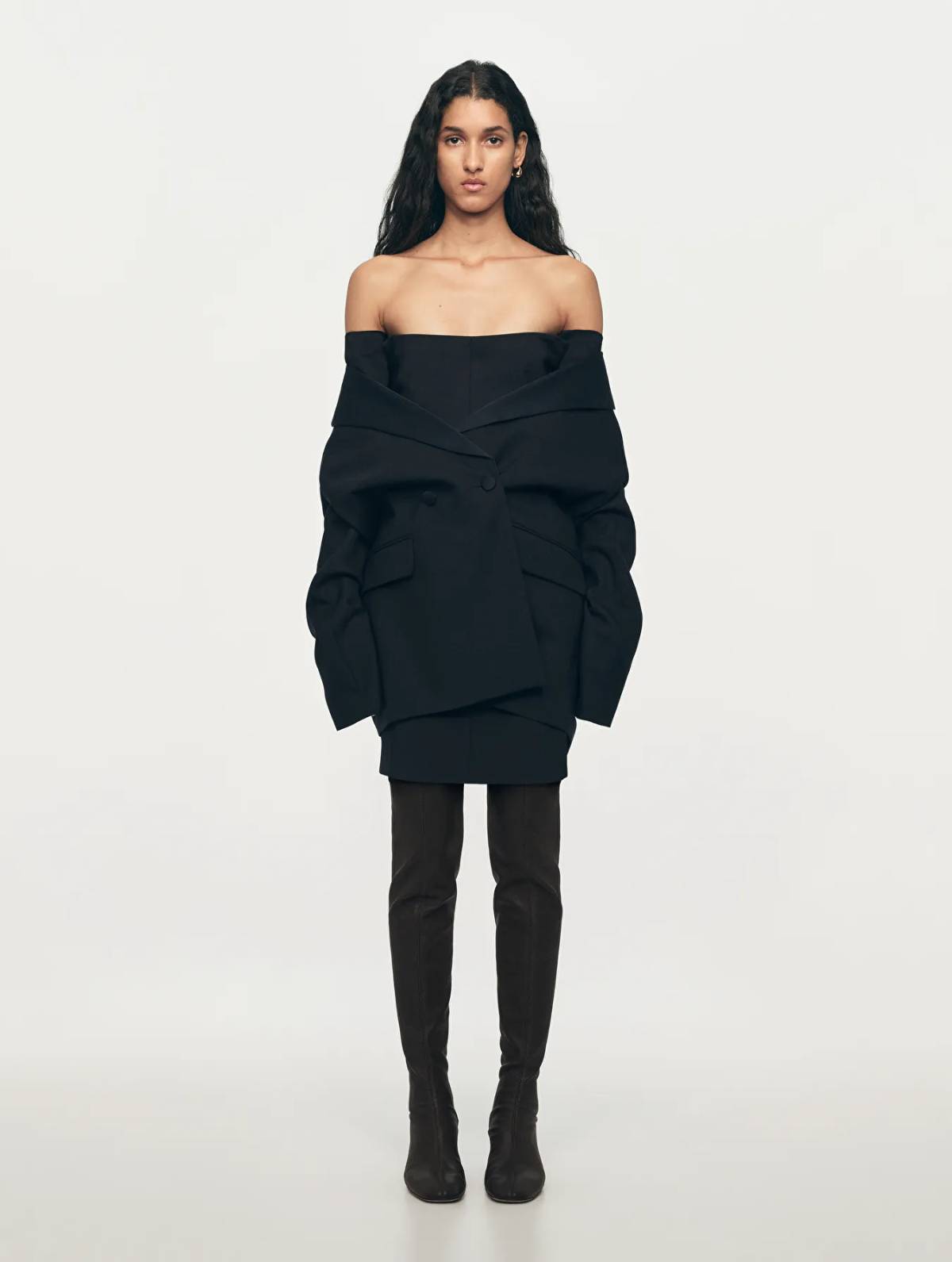 Black Off-Shoulder Mini Dress, Over Knee Boots Dark Brown 