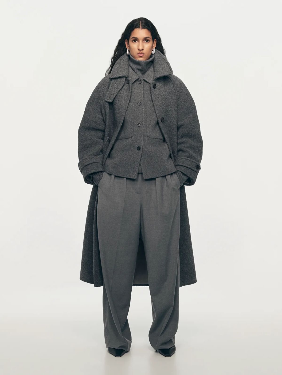 Arket Holiday Essentials Grey Melange Oversized Wool Coat, Double-Face Wool Overshirt, High-Neck Wool Jumper, Low-Waist Flannel Trousers