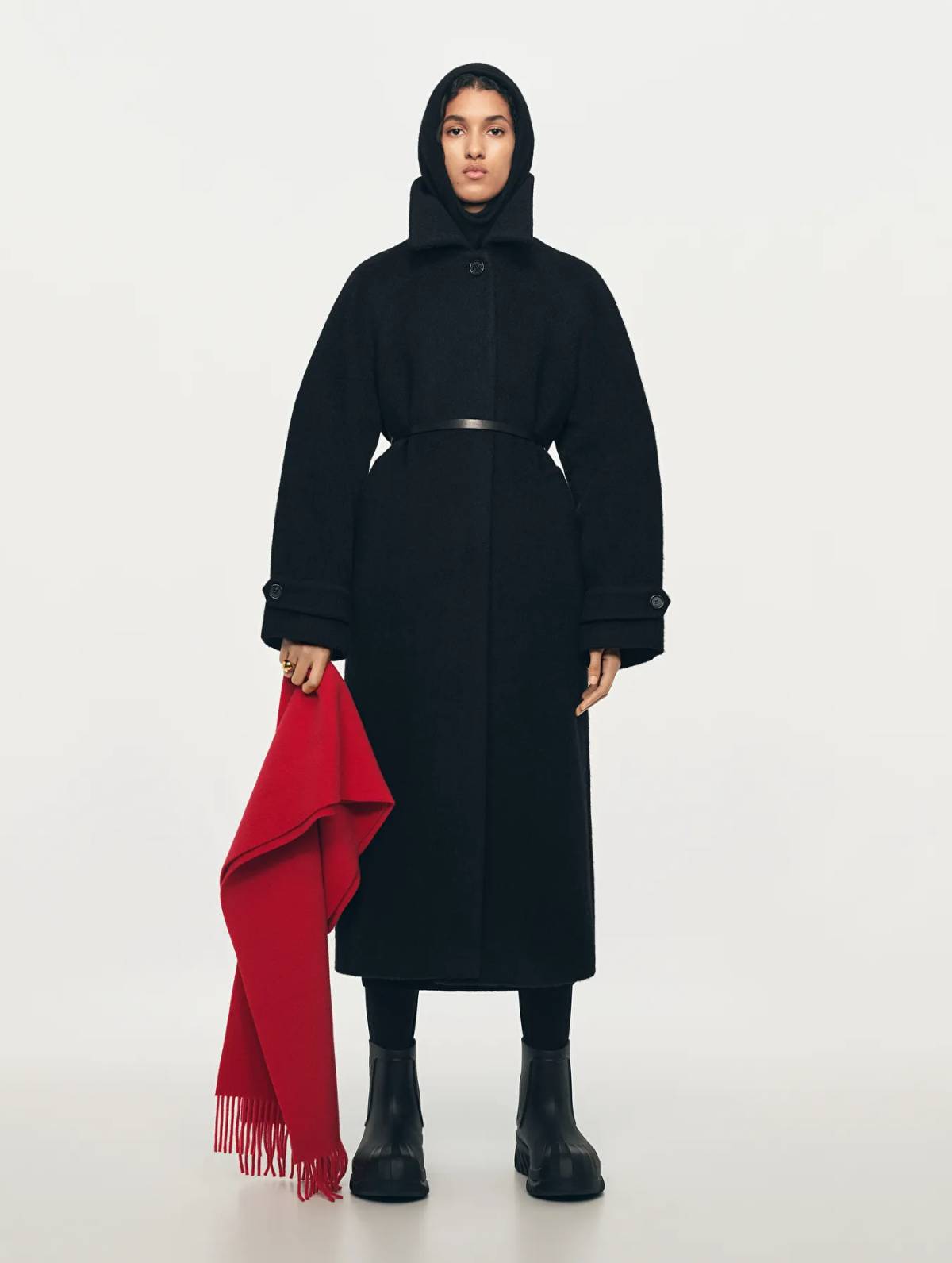 Arket Holiday Essentials Red Scarf, Cashmere Hood, Black Oversized Wool Coat, adidas adiFOM Superstar Boots