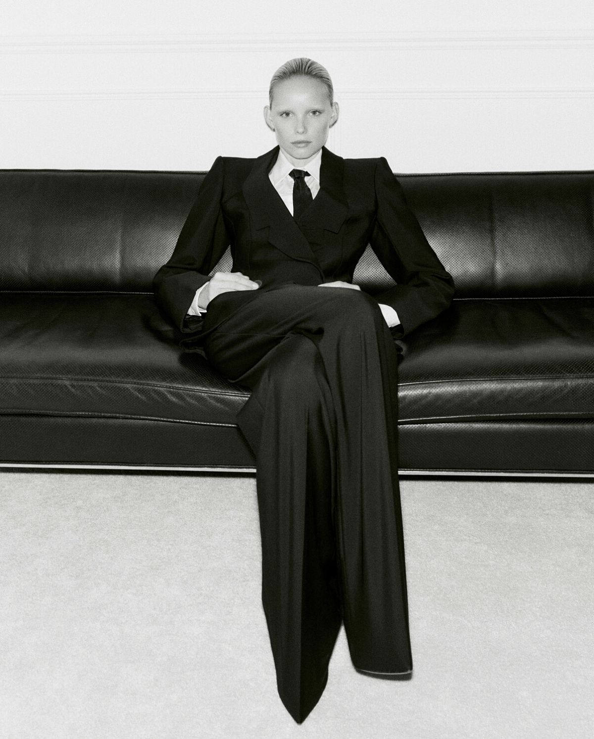 Tara Halliwell in Alexander McQueen Black Suit for Vogue Poland October 2023