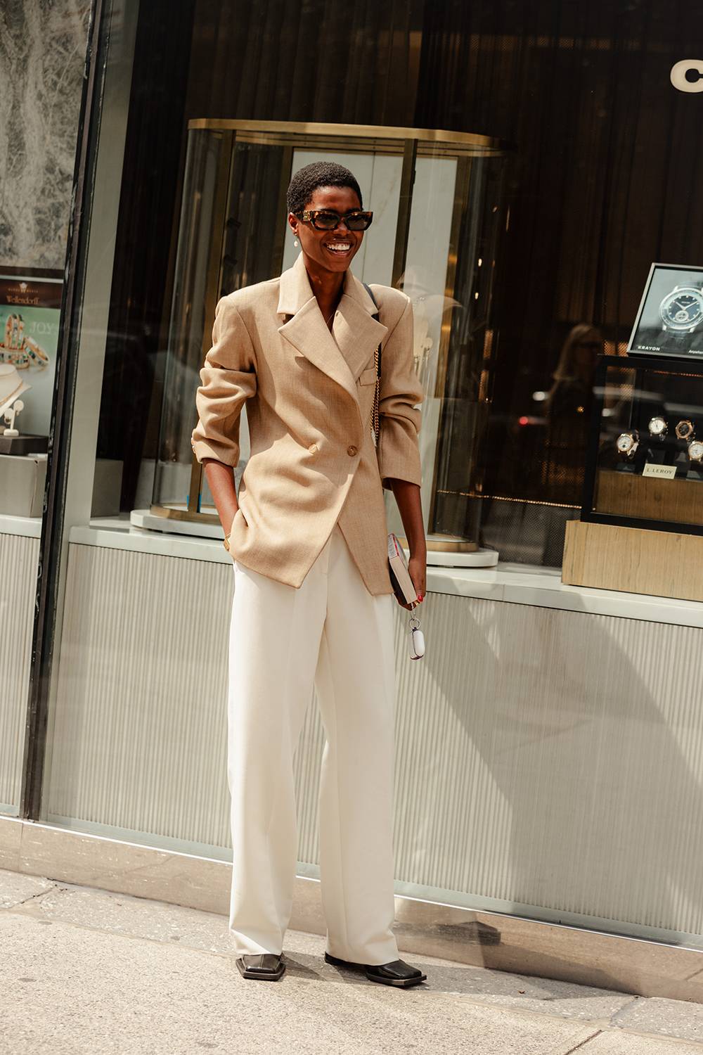 Victoria Fawole Neutral Blazer Pants Spring-Summer 2024 Street Style in New York