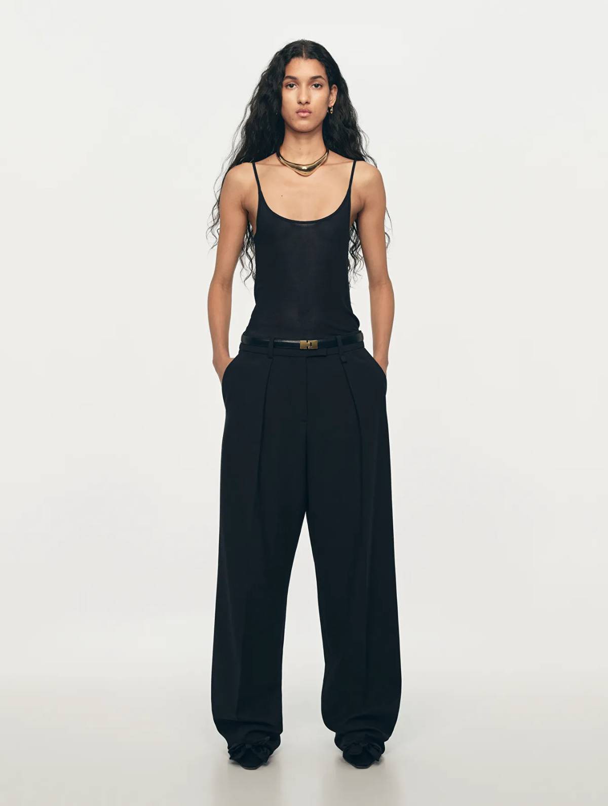 Arket Holiday Essentials Black Silk Tank Top, Wool Blend Twill Trousers, Square-Toe Ankle Boots