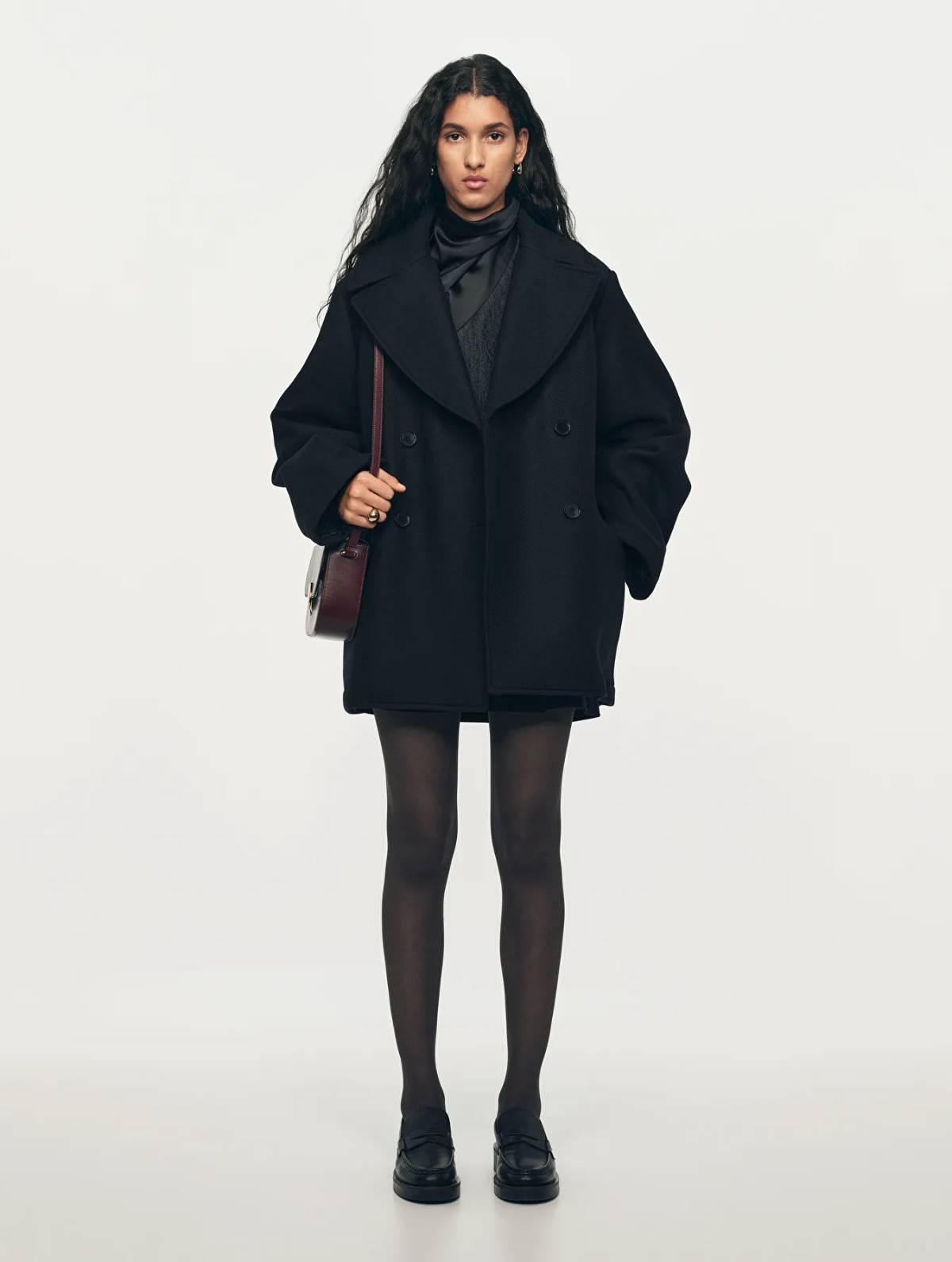 Arket Holiday Essentials Black Wool Pea Coat, ARKET Burgundy Leather Shoulder Bag