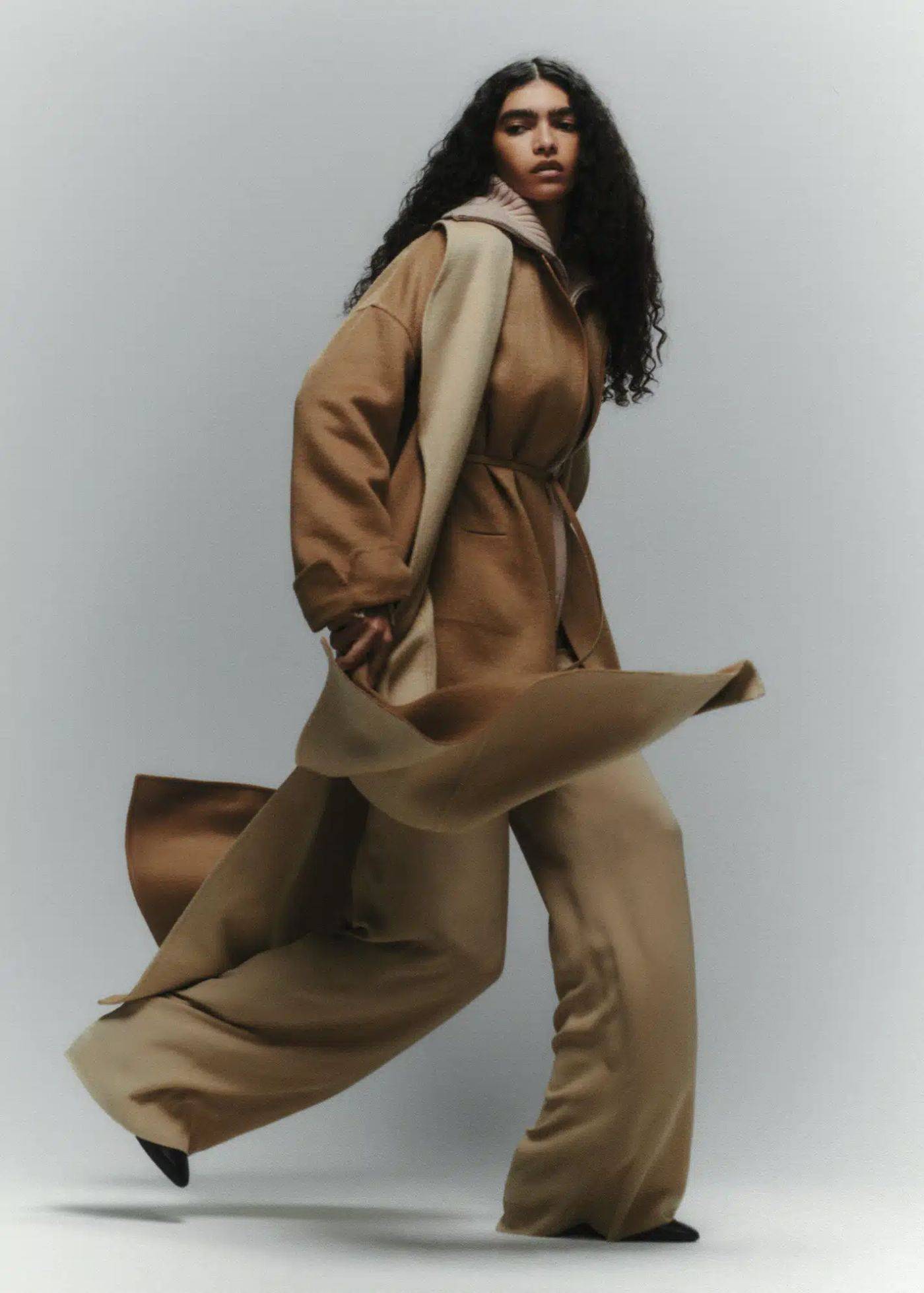 Loro Piana Camel Capp Guilmar belted camel hair and wool-blend coat, Neutral Cashmere sweater, Beige Jail pleated pinstriped silk-blend georgette wide-leg pants, Black Rebecca leather slingback pumps