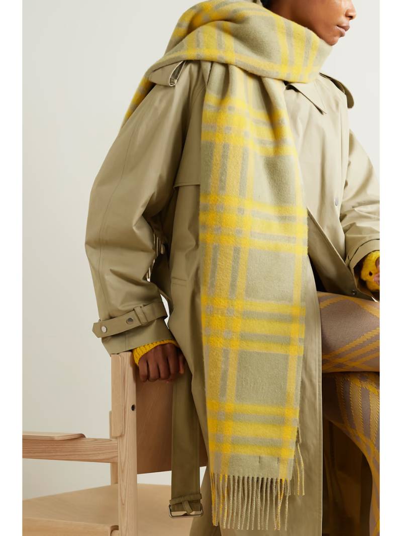BURBERRY Yellow Appliquéd fringed checked cashmere scarf  NET-A-PORTER
