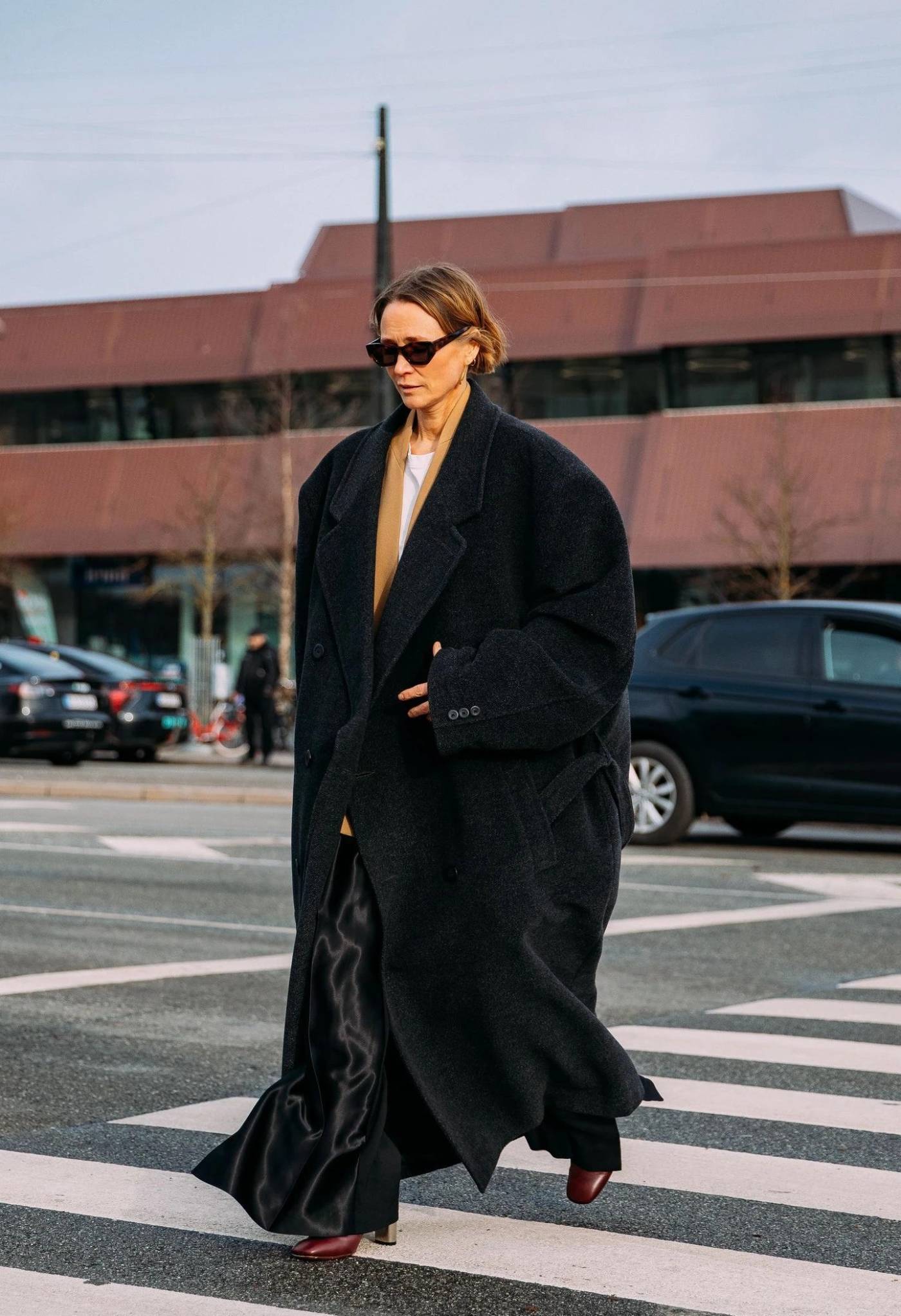 Copenhagen Cold-Weather Layering Black Coat, Blazer, Silk Maxi Skirt