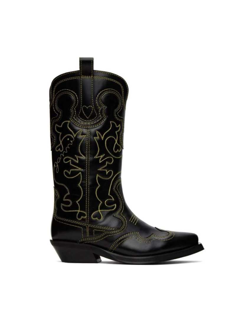 GANNI Black Mid Shaft Embroidered Western Boots SSENSE US