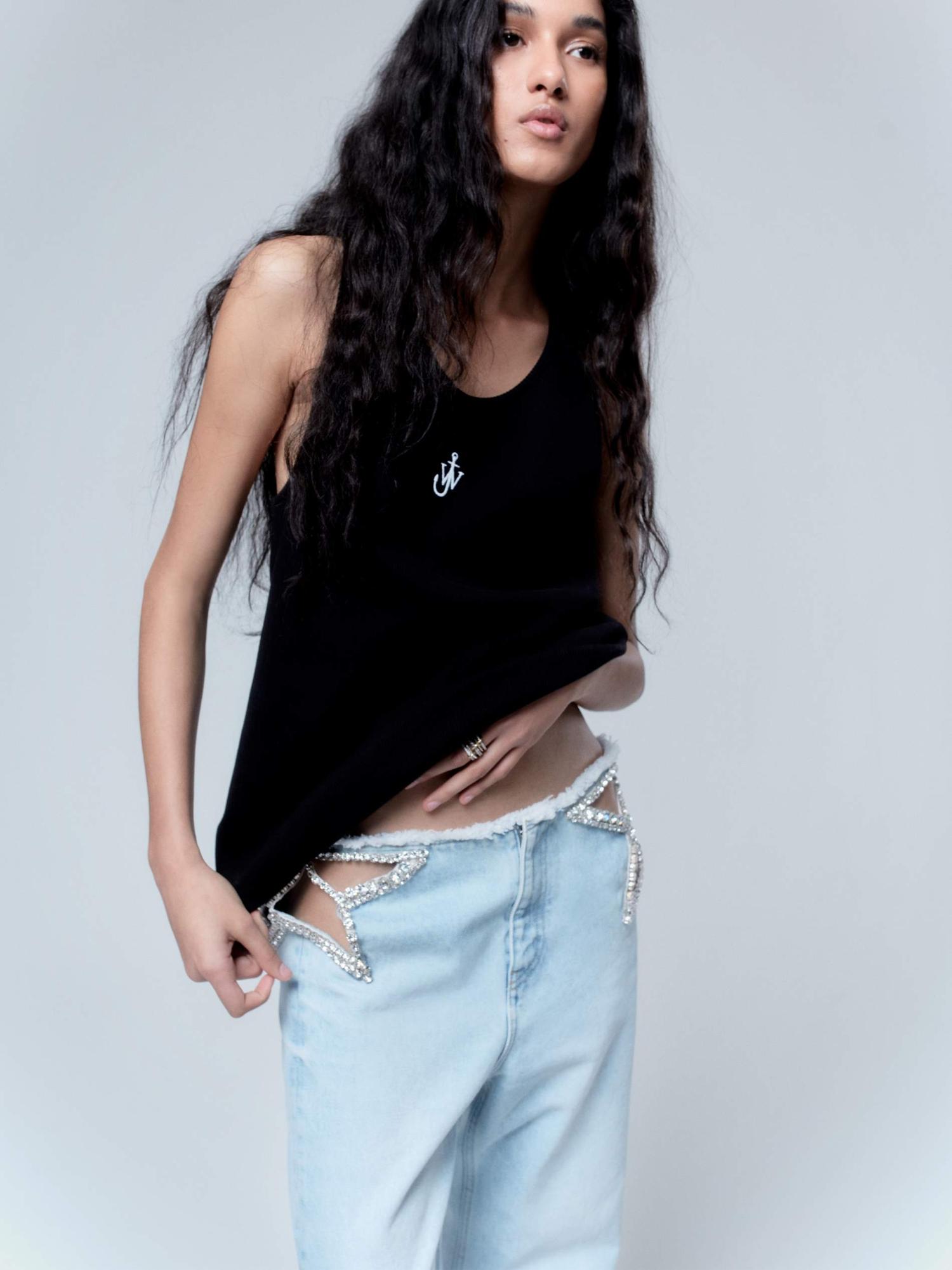 JW Anderson Black Tank Top and Stella McCartney Blue Embroidered Cutout Jeans Net-a-Porter