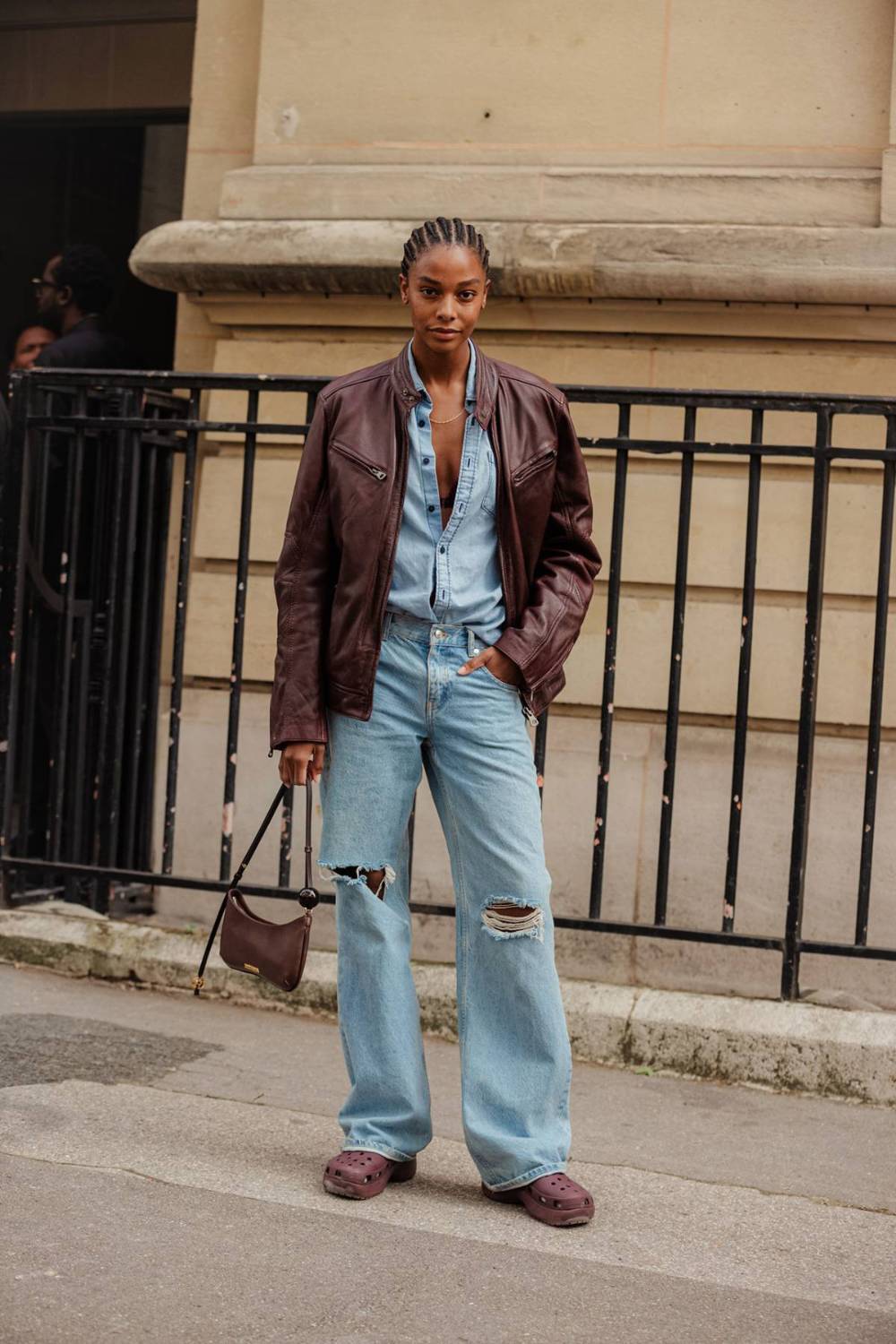 Karly Loyce in Paris wearing JACQUEMUS Brown Le Bisou Perle embellished leather shoulder bag