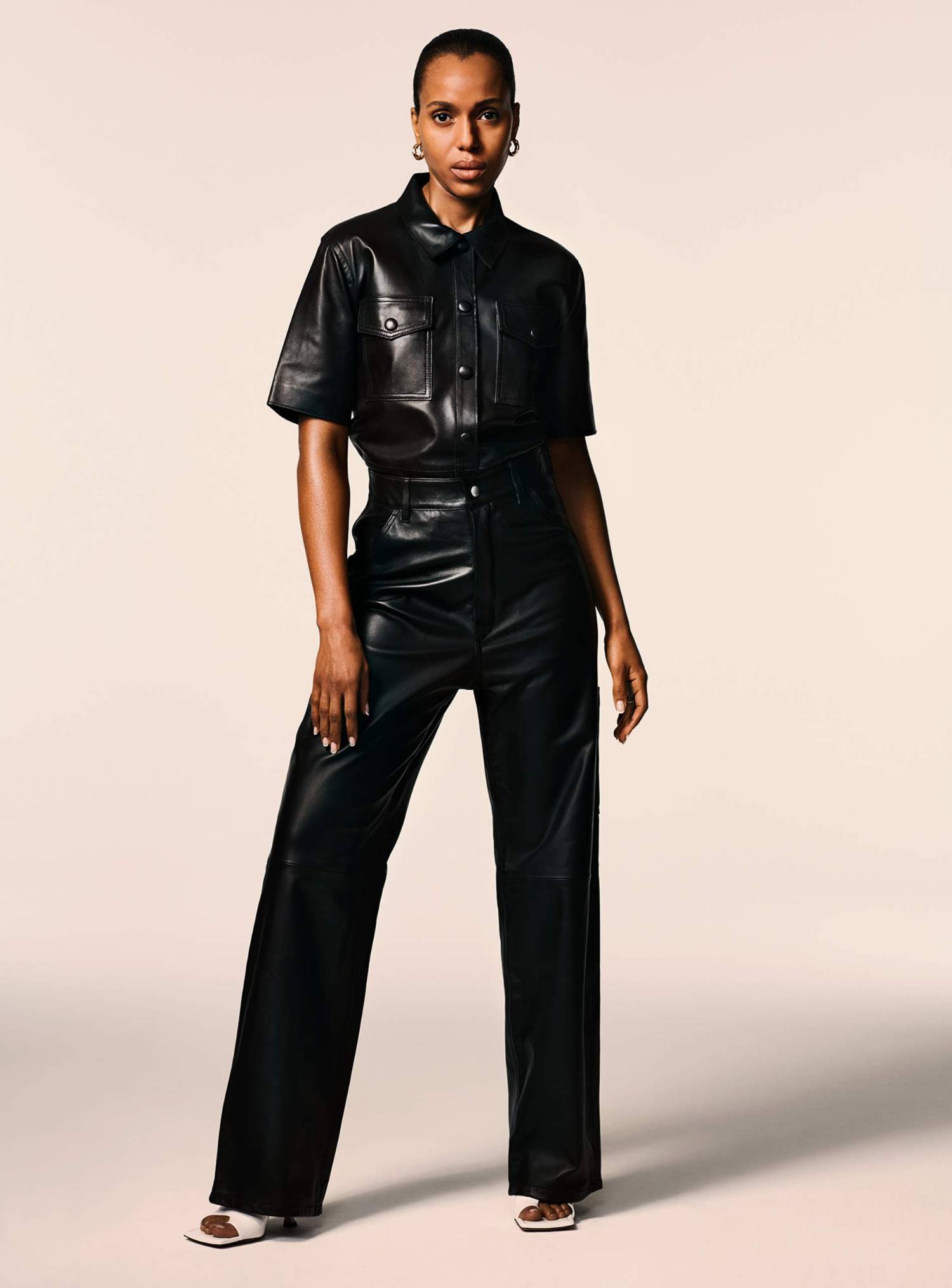 Minimalist Fashion Editorials Black Leather shirt and leather pants