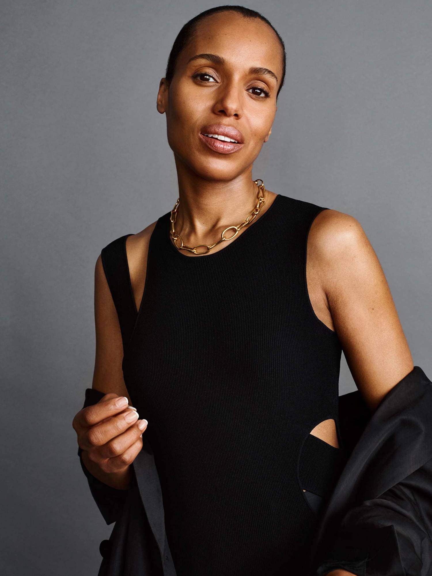 Kerry Washington in Helmut Lang Black Cutout Dress for Porter Magazine March 2020 She's Got the Power