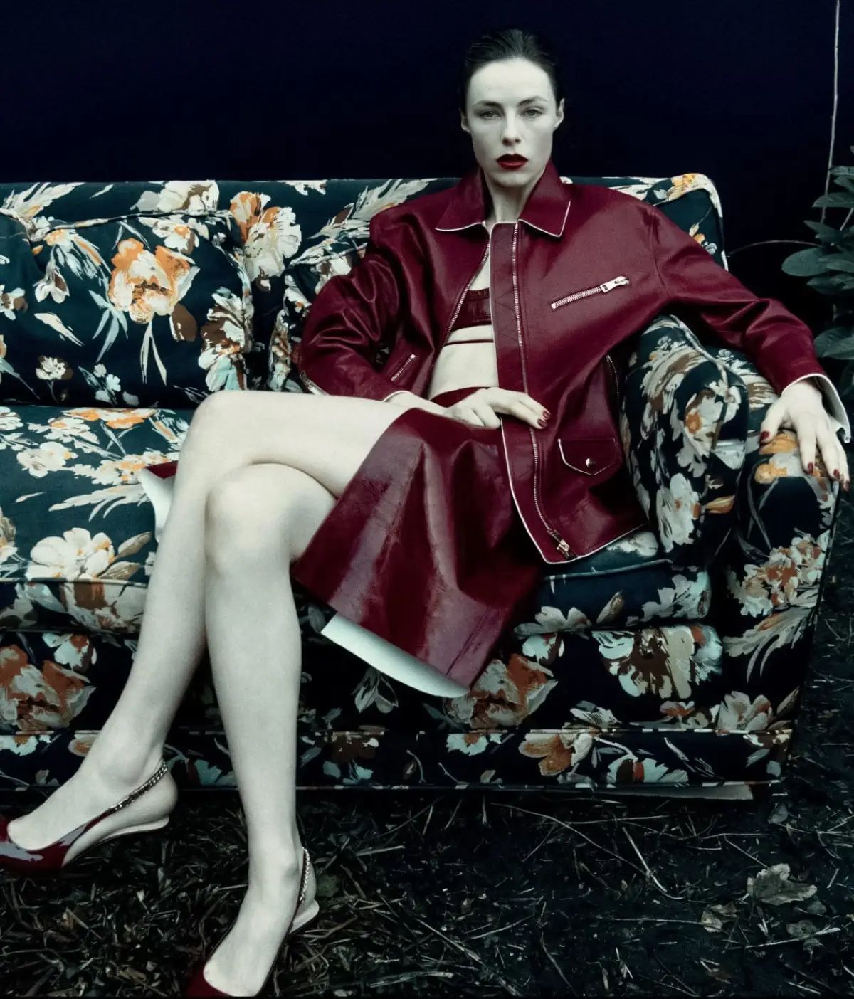 Gucci Burgundy Leather jacket, bra and skirt, patent leather pumps Fashion Editorials