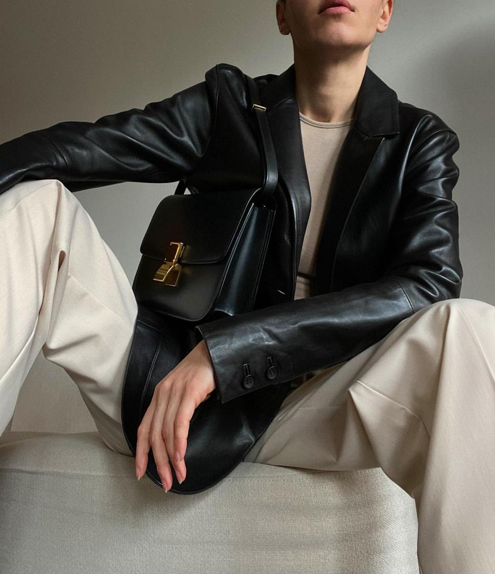 Petra Mackova Minimalist Outfits Ksubi Leather Blazer Beige Pants Celine Bag