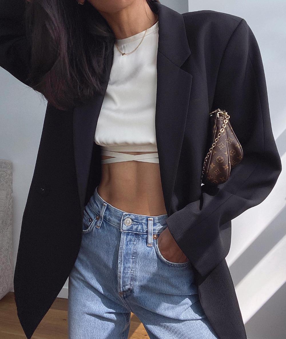 Petra Mackova Minimalist Outfits Orseund Iris Top Slvrlake Blue Jeans Toteme Black Blazer Louis Vuitton Bag
