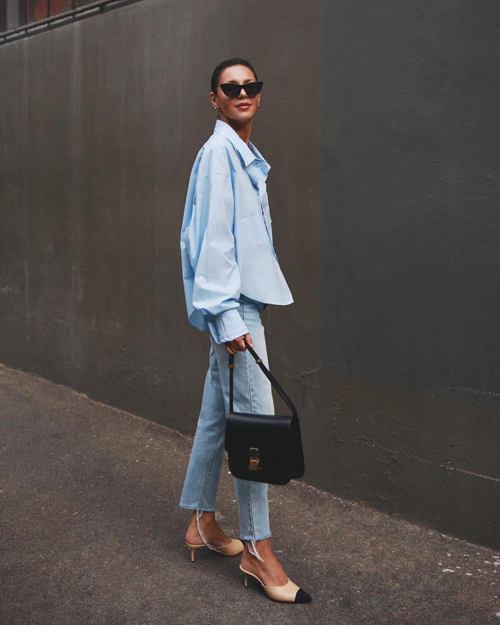Petra Mackova Minimalist Outfits Blue Shirt Blue Jeans Celine Bag