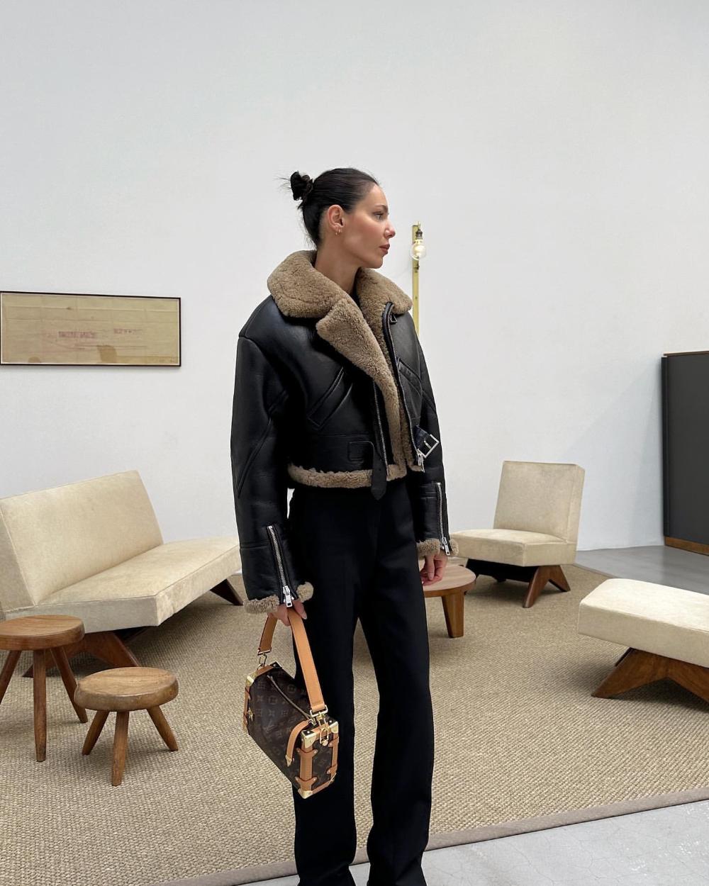 Petra Mackova Minimalist Outfits Prada Shearling Jacket, Louis Vuitton Bag
