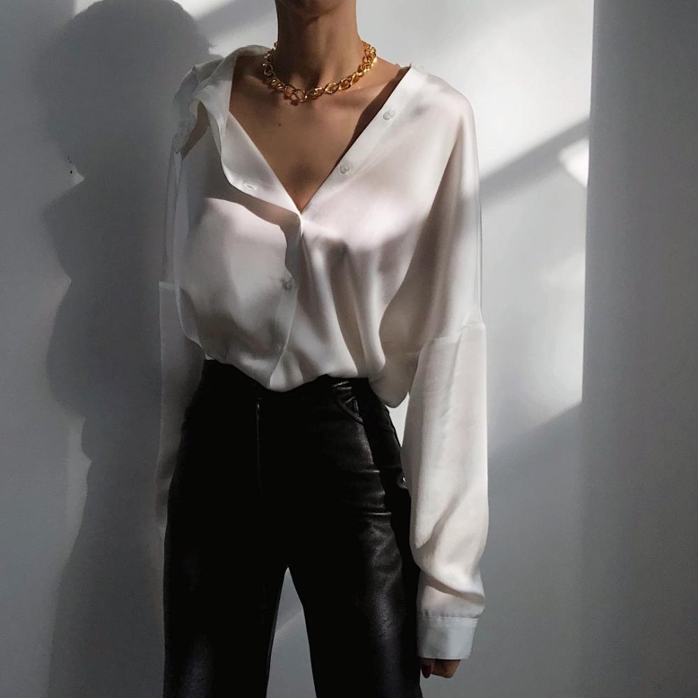 Pepa Mack Minimal Fashion White Silk Shirt with Black Leather Pants