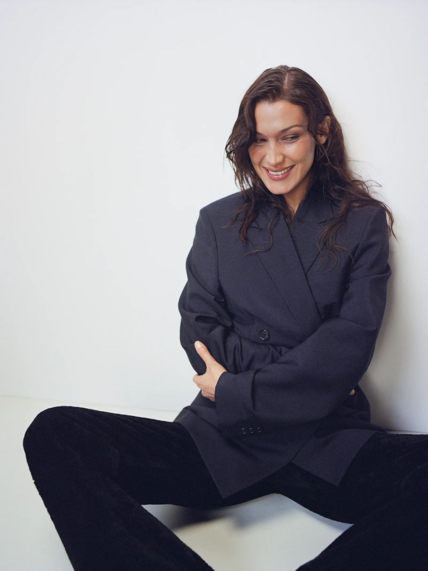 Bella Hadid in Loewe Black Suit by Zoe Ghertner and Alex Harrington for Vogue MyTheresa