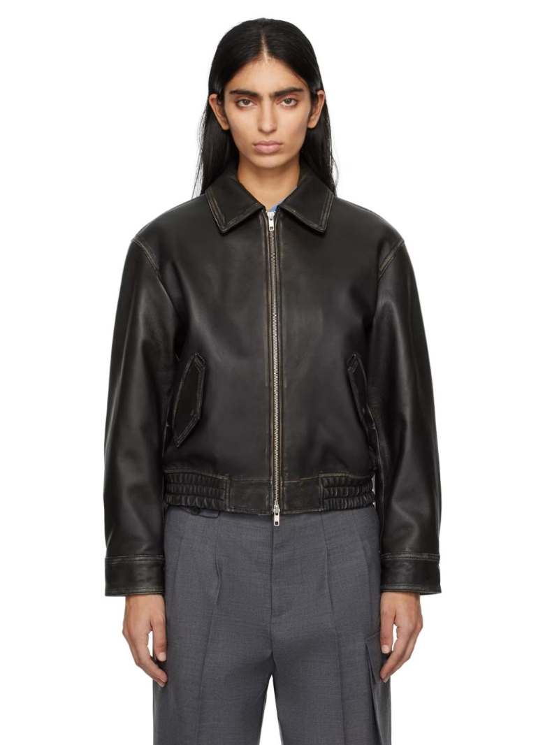 Dunst Black Faded Leather Spread Collar Jacket  SSENSE Minimal Streetwear