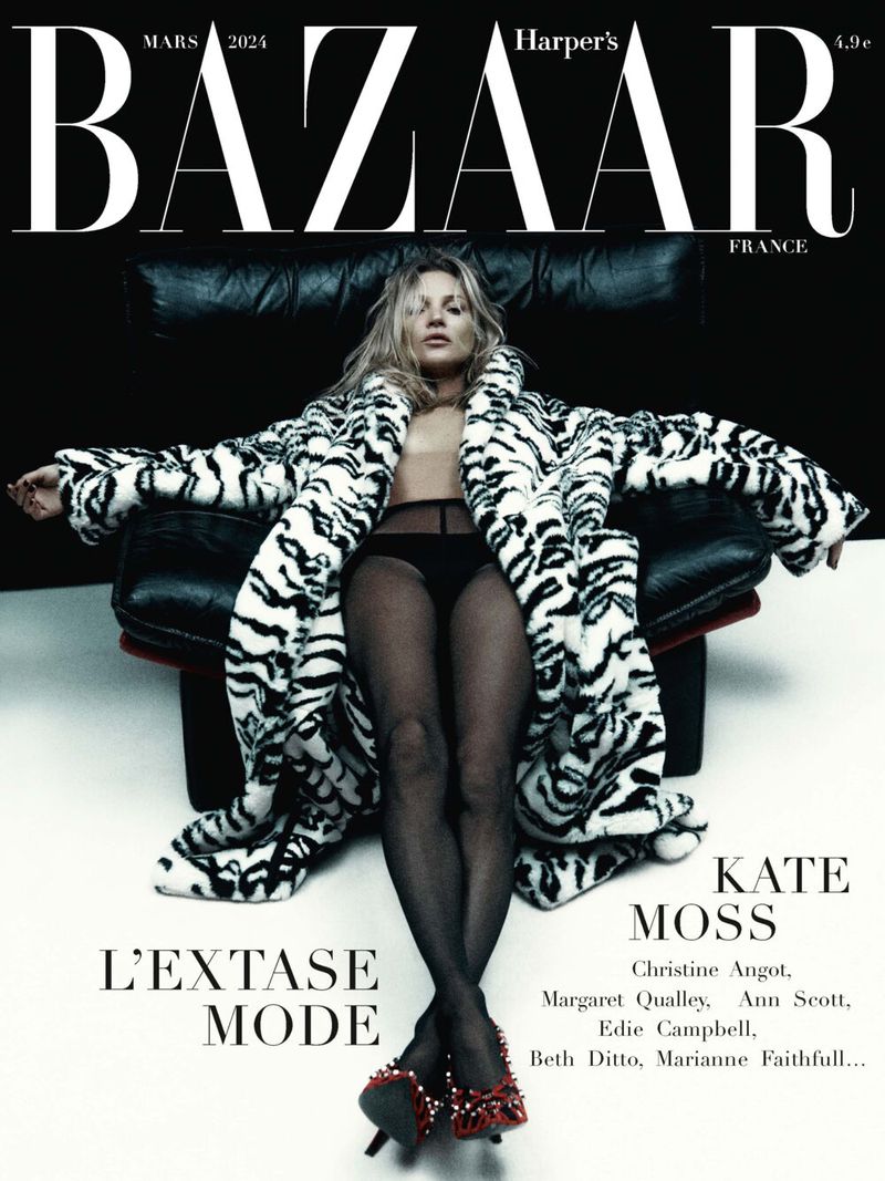 Kate Moss Covers Harpers Bazaar France March 2024 wearing The Attico zebra-print faux-fur coat
