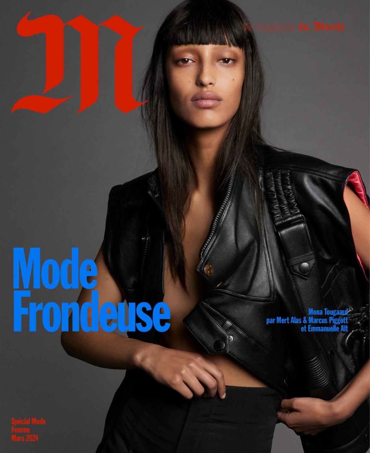 Mona Tougaard Covers M Le magazine du Monde March 2024 wearing Louis Vuitton Black Leather Vest 