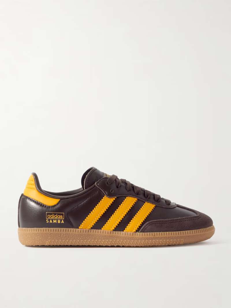 ADIDAS ORIGINALS Brown Yellow Samba OG suede-trimmed leather sneakers  NET-A-PORTER