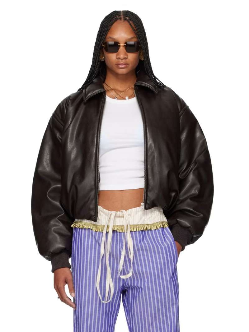 Acne Studios Brown Padded Faux-Leather Bomber Jacket SSENSE