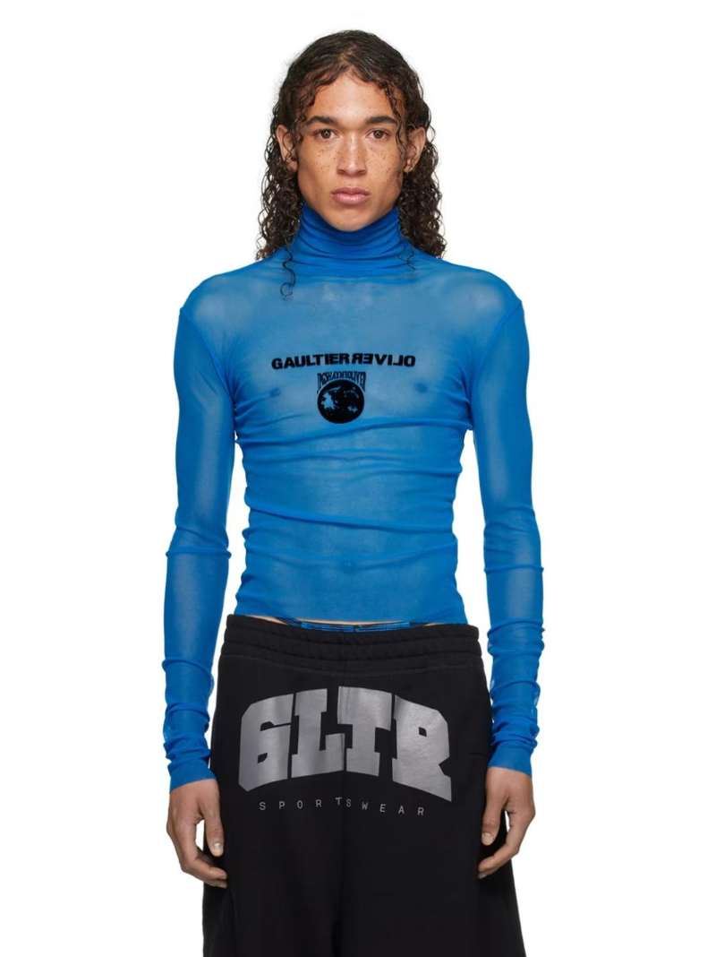 Men's Blue Sheer Mesh Turtleneck